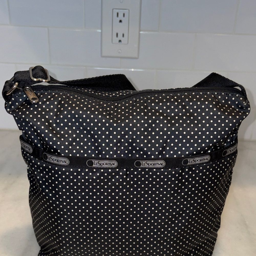 LeSportsac Purse Crossbody Shoulder Bag Black White Polka Dot Nylon - Picture 3 of 16